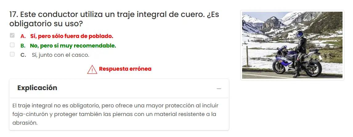 Captura de pantalla mostrando la explicación detallada de una pregunta del test de Moto en DrivenYou