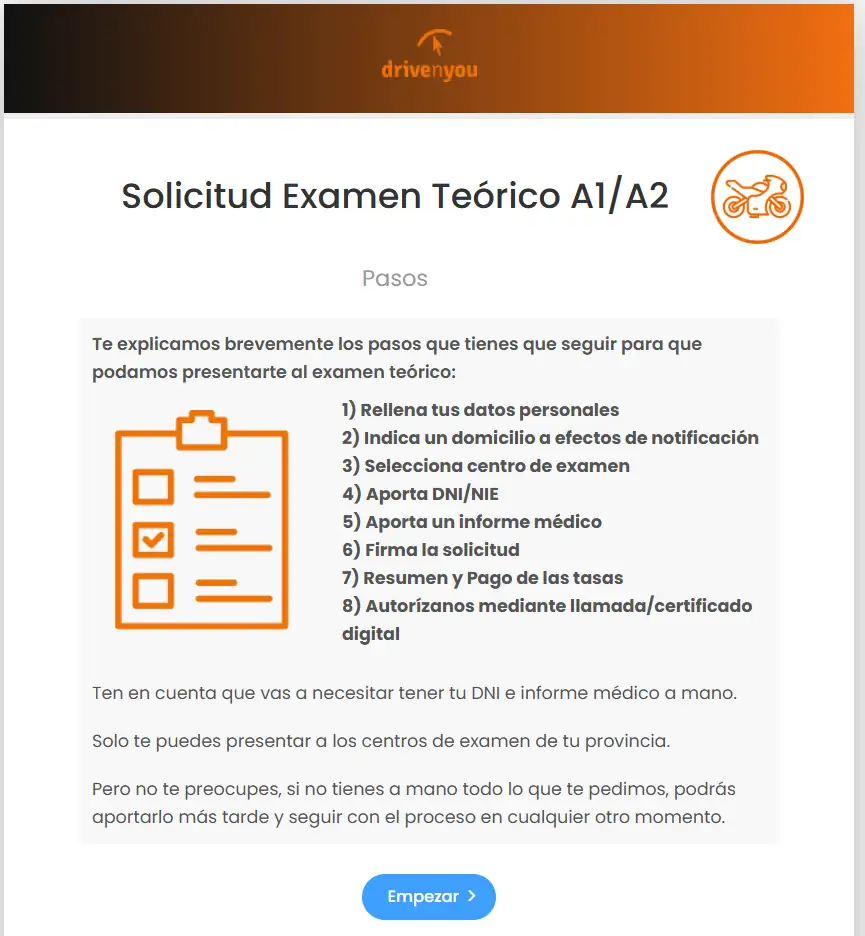 Gestión de inscripción al examen teórico de Moto (A1/A2) de la DGT con ayuda de DrivenYou