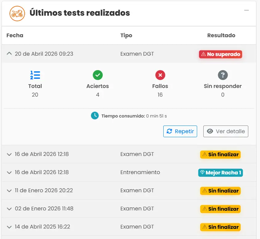 Interfaz del Smart Test de DrivenYou mostrando preguntas personalizadas para el examen de moto A1/A2