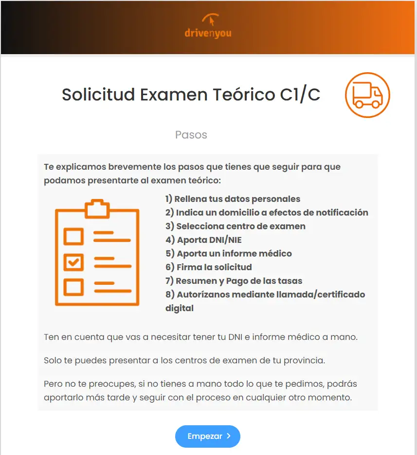 Gestión de inscripción al examen teórico de Camión (C1/C) de la DGT con ayuda de DrivenYou