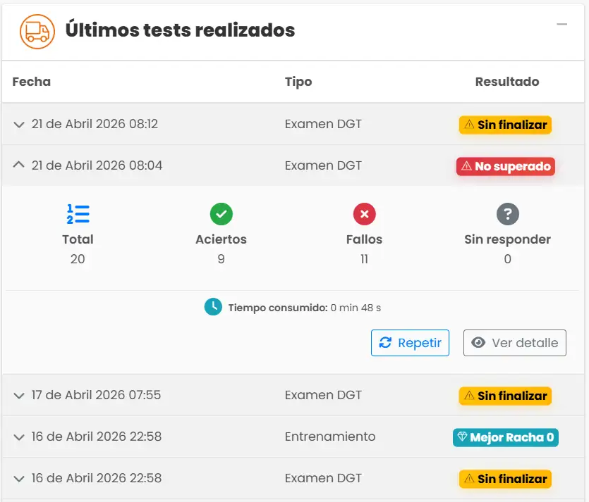 Interfaz del Smart Test de DrivenYou mostrando preguntas personalizadas para el examen de camión C1/C