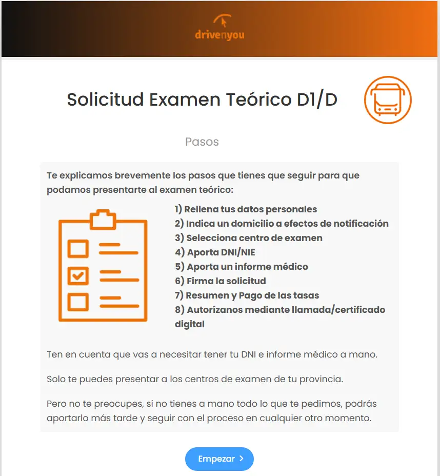 Gestión de inscripción al examen teórico de Autobús (D1/D) de la DGT con ayuda de DrivenYou