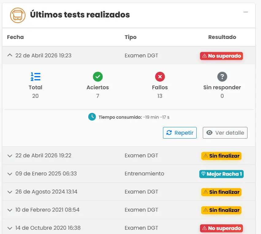 Interfaz del Smart Test de DrivenYou mostrando preguntas personalizadas para el examen de Autobús D1/D